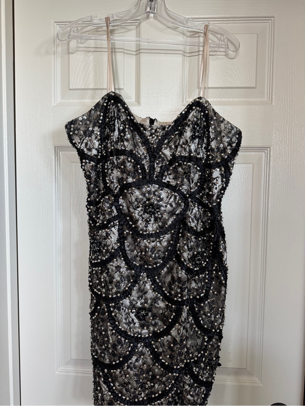 Terani Couture Black and Nude Strapless Beaded Lace Dress